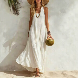 Women's White Sleeveless Scoop-Neck Relaxed Swing Maxi Dress